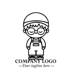 Black and White Chibi Boy Illustration with Jacket and Boots in Bold Thick Line Art Minimal Style
