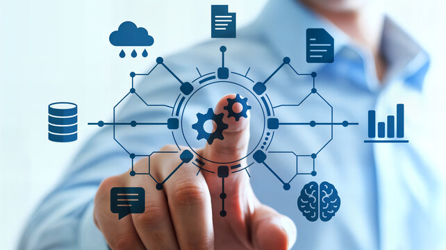 Man interacts with digital interface displaying cloud computing and data management icons