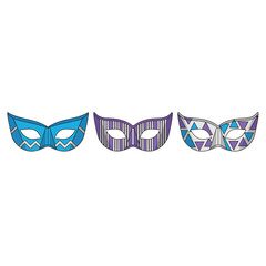 Fototapeta premium A collection of three colorful masquerade masks featuring various geometric patterns and designs, isolated on a white background.