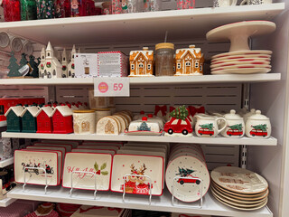 Christmas toys on shelves in a store