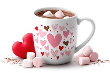 Valentine's day hot chocolate with marshmallows in heart patterned mug on white background