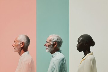 Diverse group of three individuals standing side by side against colorful backgrounds during bright daylight