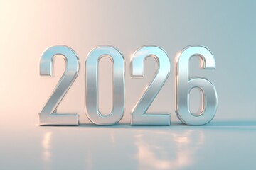 Shiny silver numbers representing the year 2026 set against a soft blue background in a minimalistic design