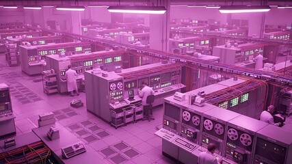 Vast mainframe computer room with technicians operating vintage data processing machinery under vibrant pink lighting - Powered by Adobe