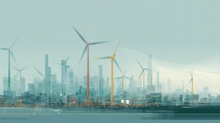 Urban skyline featuring wind turbines and a futuristic design at sunrise over the cityscape