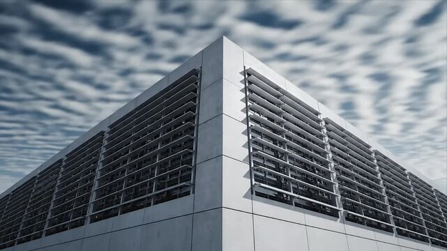 Modern Architectural Building Corner with Sleek Geometric Facade and Louvers Against a Dynamic Cloudy Sky - Contemporary Urban Design