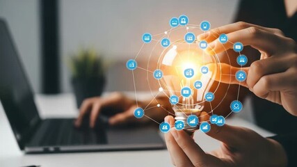 Businessman touches a virtual screen and holds a digital tablet displaying social network icons, symbolizing global business and technology connections - Powered by Adobe