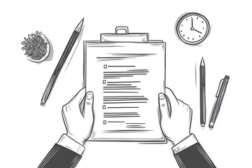 Hands holding clipboard with documents and pencils. Hand drawn illustration.