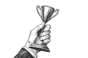 Hand holding a trophy cup. illustration in engraving style.