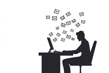 Silhouette of a businessman sitting at a desk with a computer and sending emails.