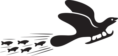 Fototapeta premium Stylized bird flying away school small fish speed trails dynamic motion pursuit vector