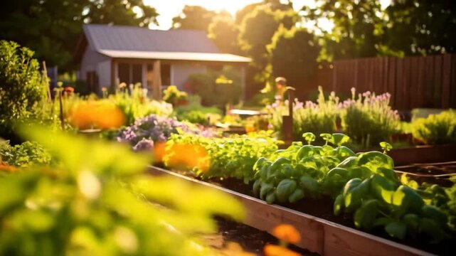 A vibrant garden with lush greenery and colorful flowers bathed in warm sunlight. Small shed sits in the background