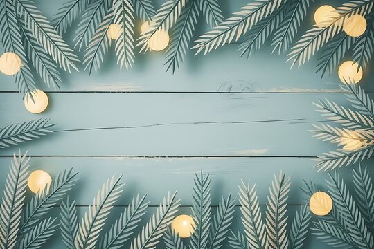 Festive christmas background with snowcovered fir branches and fairy lights frame - Powered by Adobe