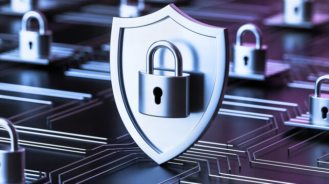 Silver padlock and shield on a circuit board represent cybersecurity and data protection