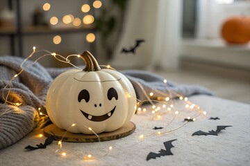 Halloween Decor White Pumpkin Illustration Simple Friendly Face Light String Cute Happy Fun Celebration