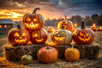Halloween Jack O'Lanterns Collection Autumn Fall Season Sunset Background Orange Festive Pumpkins Celebration