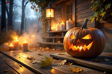 Halloween Pumpkin Outdoor Scene Jack O Lantern Decorated Porch Autumn Fall Season Decoration Candle Light