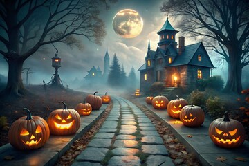 Halloween Night Scene with Jack-o'-Lanterns Leading to Haunted House under Moonlight in Misty Landscape