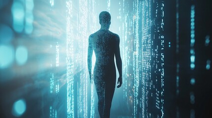 Futuristic human silhouette walking through digital data stream, concept of artificial intelligence, virtual reality, technology and consciousness in glowing cyber environment