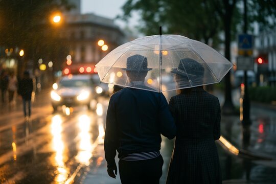 A couple shares an umbrella walking down a wet city street at dusk with blurred car lights and streetlights creating a romantic atmosphere