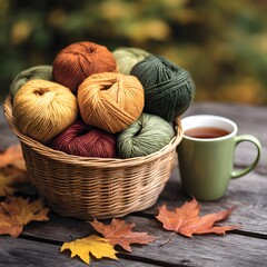 Basket with colorful yarn balls and cup of tea on wooden table with autumn leaves, cozy fall craft and relaxation concept, warm tones
