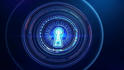 Initializing lock interface rotating neon rings in blue UI, with keyhole and drifting sphere - Powered by Adobe