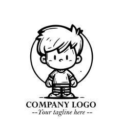 Black and White Chibi Boy Illustration with Jacket and Boots in Bold Thick Line Art Minimal Style
