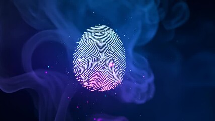 Drifting from left, purple smoke swirling in void, fingerprint emerging pulsing with glowing sparks - Powered by Adobe