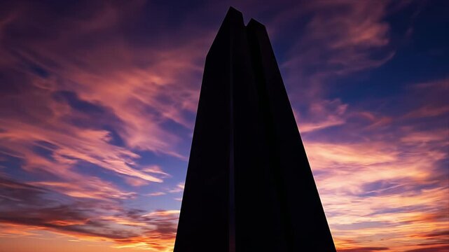 Dramatic Sunset Sky with Vibrant Purple and Orange Clouds Framing a Modern Abstract Architectural Silhouette A Breathtaking Low Angle View of a Tower Against