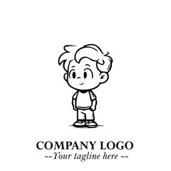 Black and White Chibi Boy Illustration with Jacket and Boots in Bold Thick Line Art Minimal Style
