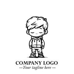 Black and White Chibi Boy Illustration with Jacket and Boots in Bold Thick Line Art Minimal Style
