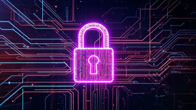 Emerging neon pink padlock icon pulsing circuits in cyberspace streaming binary code securing data