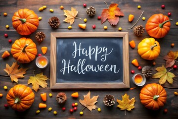 Festive Halloween Decor Top View Wooden Background with Pumpkins and Candies