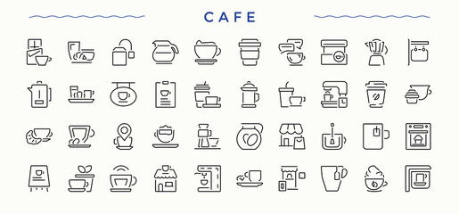 Cafe line icon set. Minimal icons set. Related to kitchen, table, cafes, drink, food. Editable stroke. Pixel Perfect. Food icon pack.