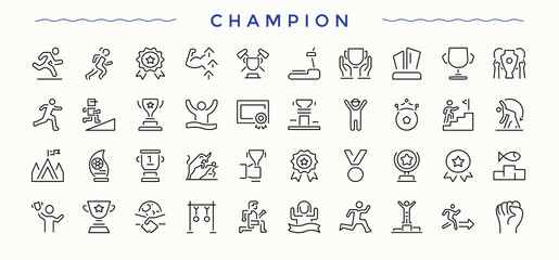 Championship icon set. Thin icons set. Editable vector art and illustration. Reward line icon set. Includes symbols for achievement, cup, trophy, award, reward, best and more.