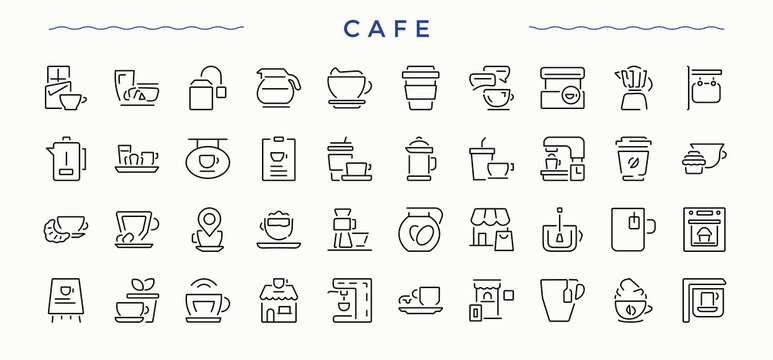 Cafe line icon set. Minimal icons set. Related to kitchen, table, cafes, drink, food. Editable stroke. Pixel Perfect. Food icon pack.