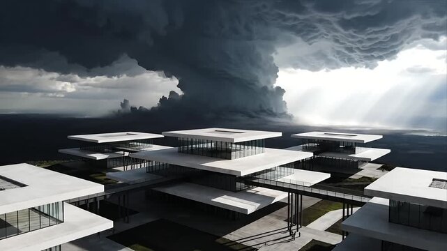 Stunning Modern Architectural Complex Underneath a Powerful Storm Sky Featuring Ominous Mammatus Clouds and Dramatic Sun Rays