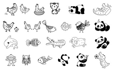 Fototapeta premium cute and kawaii hand drawn doodle animal panda crocodile chicken goat bird dolphin fish
