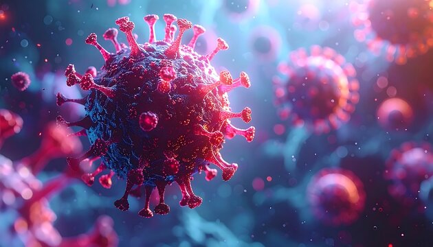 Rendered image showcasing multiple viruses against a bokeh background