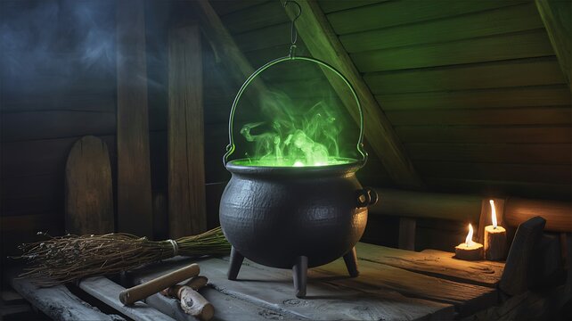 Mysterious green potion bubbles and steams in a rustic cauldron over a dimly lit wooden attic setting with flickering candlelight - Powered by Adobe