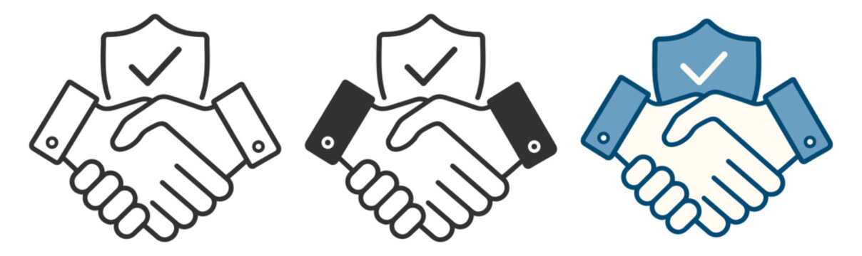 Handshake with shield icon. Business partnership, safety and trust concept on transparent background