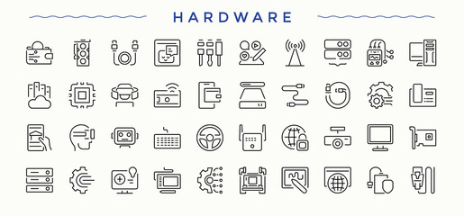 Hardware vector line icon set. Components icon collection. Featuring computer, laptop, electronic, phone, parts, hard and more. Editable stroke vector art.
