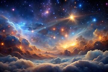 Epic Nebula and Starfield Landscape with Clouds and Glowing Light Cosmic Background Space Scene Digital Art