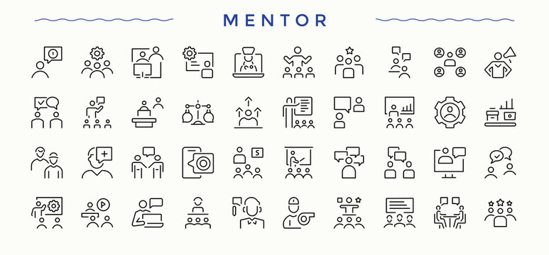 Mentor vector line icon set. Minimalist editable vector stroke. Editable stroke. Vector collection. Trainer icon set. Containing man, train, trainer, counselor, advice and more.