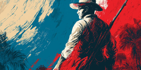 Man in hat holding rifle against blue and red textured background. Panama Independence Day  