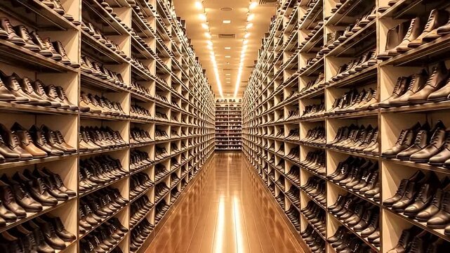 Vast shoe store interior featuring endless shelves stocked with numerous pairs of dark leather boots and footwear extending into a brightly illuminated perspective