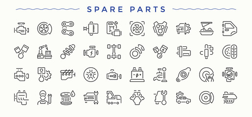 Spare Parts icon set. Automotive minimal thin line web icons set. Minimalist editable vector stroke. Car modern icon set. Vector illustration.