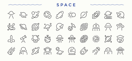 Space vector line icon set. Cosmos modern icon set. Collection for mobile and web apps. Included galaxy, planet, asteroid, universe, cosmos and more. Editable vector art and illustration. © Rubbble