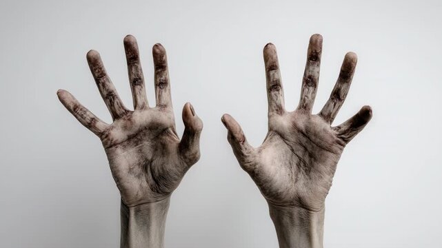 Dirty palms raised pleading gesture gritty texture contrast dirty hands reaching upward dramatic lighting grimy palms outstretched fingers conveying