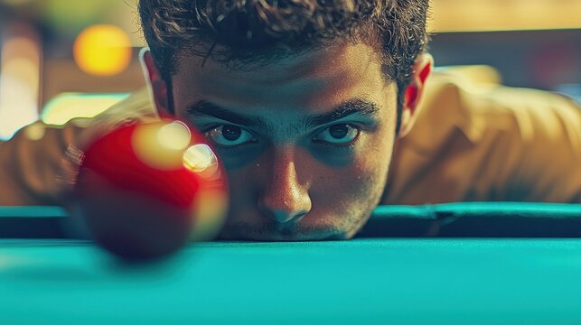 Man focuses on billiard ball, ready to strike it on a green pool table